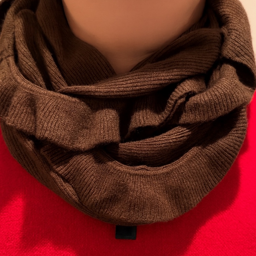 Brown Ruffle Trim Knit Infinity Scarf Soft Snood Warm Winter Shawl OS